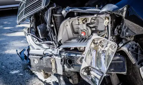 The headlight of a car hanging by a wire after serious damage in a collision.